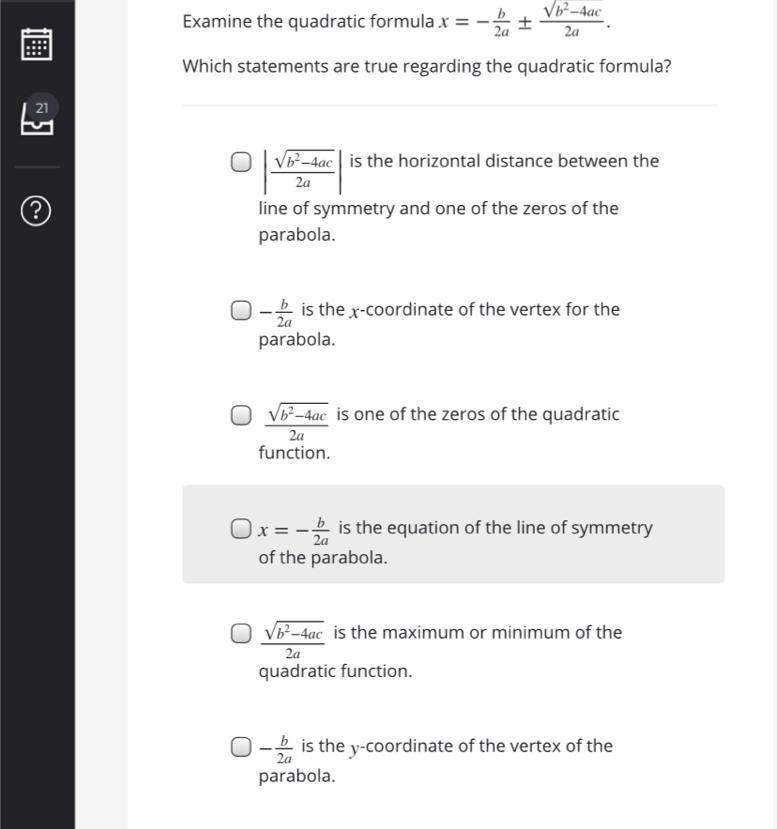 Which statements are true regarding the quadratic statement?-example-1