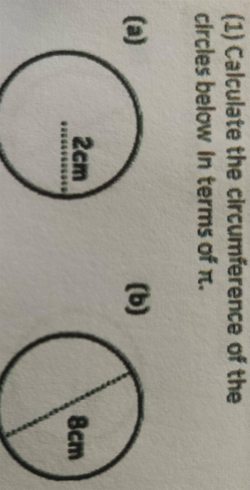 (1) Calculate the circumference of the circles below in terms of π​-example-1