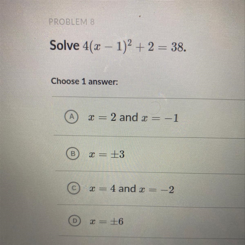 Solve 4(x-1)^2 + 2 = 38.-example-1