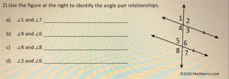 Use the figure at the right to identify the angle pair relationship.-example-1