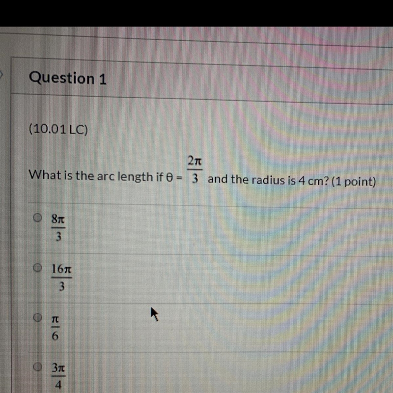 What is the arc length of 0 = 2pi/3 and the radius is 4cm-example-1