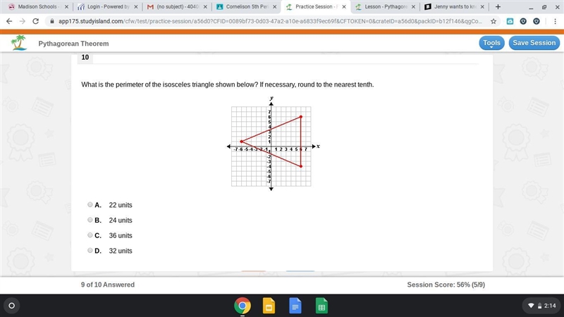 What is the perimeter of the isosceles triangle shown below? If necessary, round to-example-1