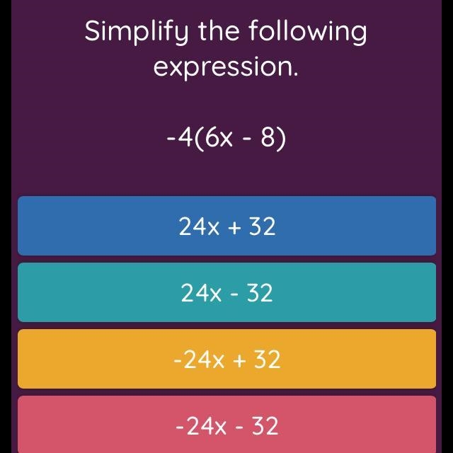 Simplify the following expression. -4(6x - 8)-example-1