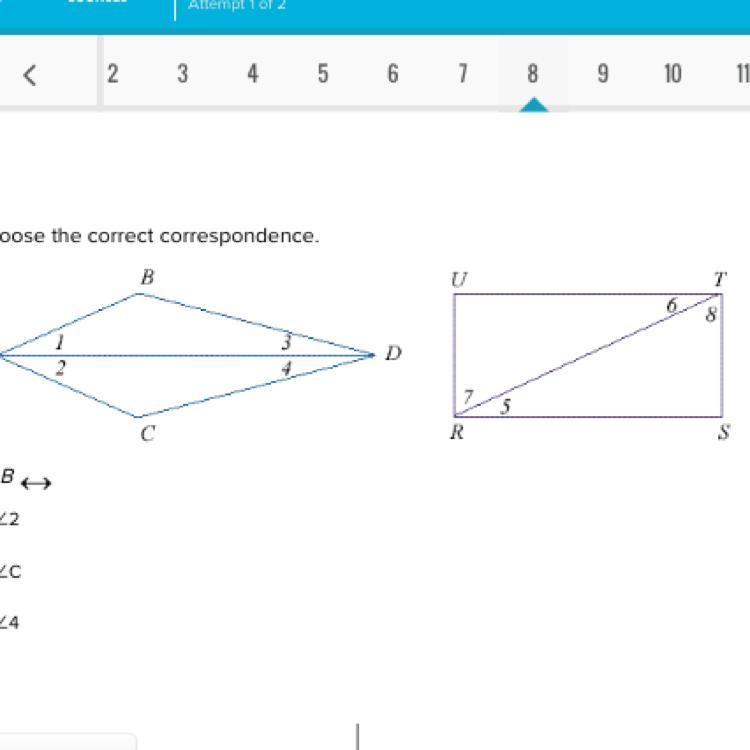 Choose the correct correspondence. B ∠2 ∠C ∠4-example-1