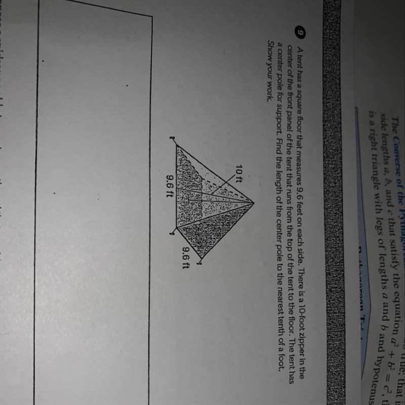 A tent has a square floor that measures 9.6 feet on each side. There is a 10-foot-example-1