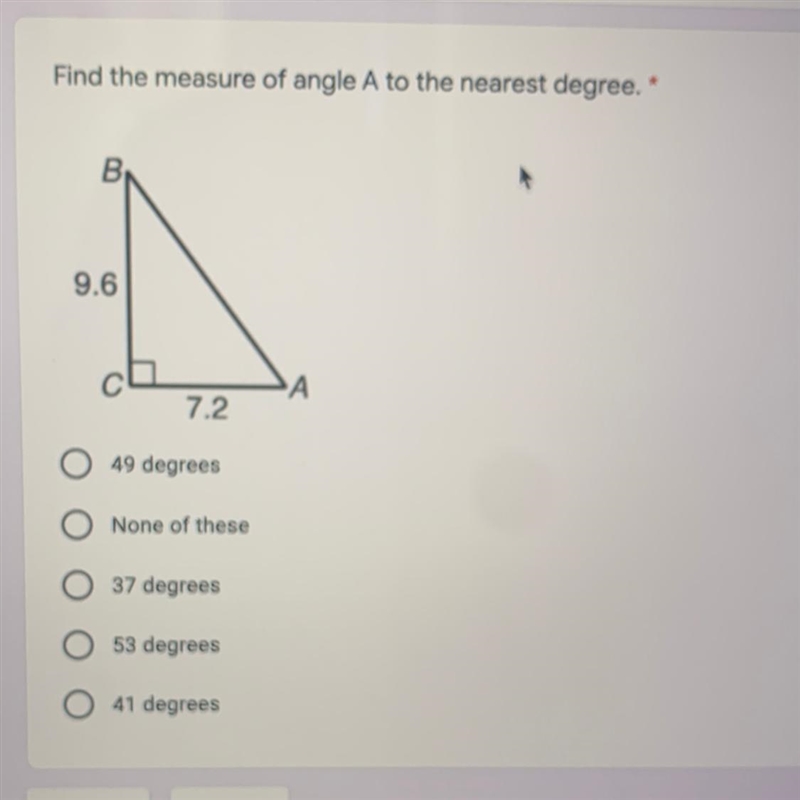 Find the measure of angle A to the nearest degree.-example-1