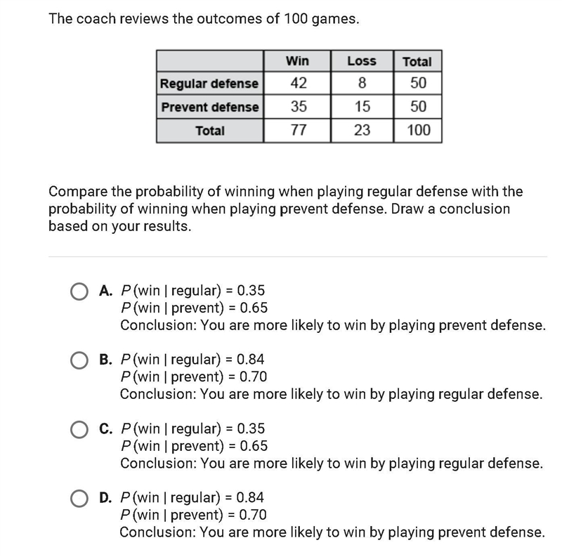 Compare the probability of winning when playing regular defense to the probability-example-1