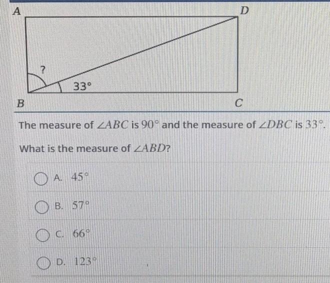 The measure of <ABC is 90 degrees and the measure of <DBC is 33 degrees​-example-1