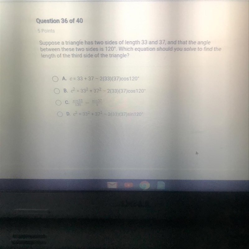 Suppose a triangle has two sides of length 33 and 37, and that the angle between these-example-1