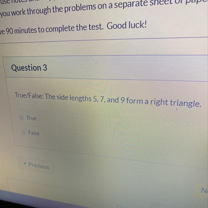 True or false the side lengths 5, 7 and 9 form a right triangle-example-1