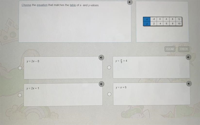 Choose equation that best matches the table of x- and y- values-example-1