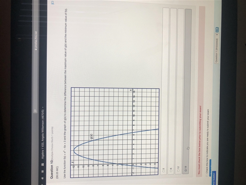 Use the function f(x) = x^2 - 6x + 3 and the graph of g(x) to determine the difference-example-1