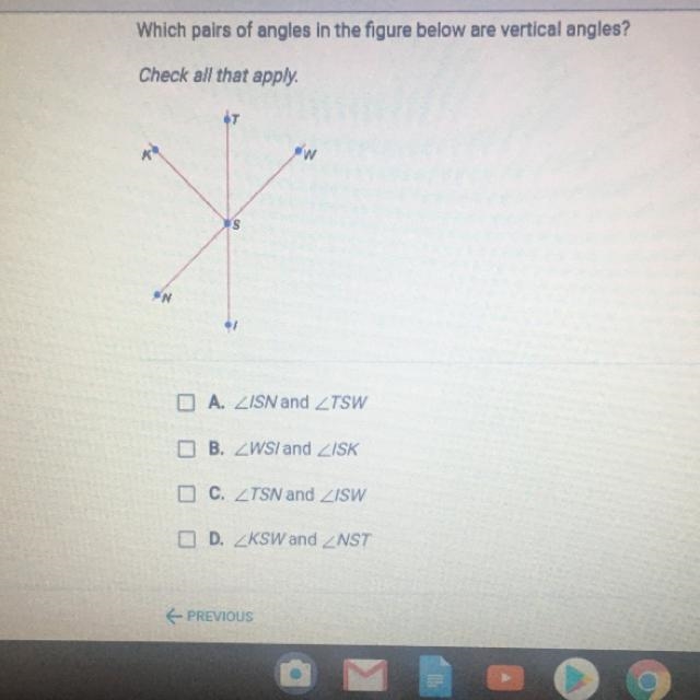 Which pairs of angles in the figure below are vertical angles? Check all that apply-example-1