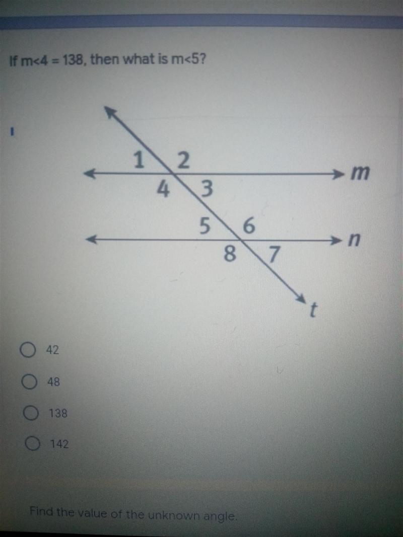 If m 4= 138, then what is m 5 ? 42 48 138 142?-example-1