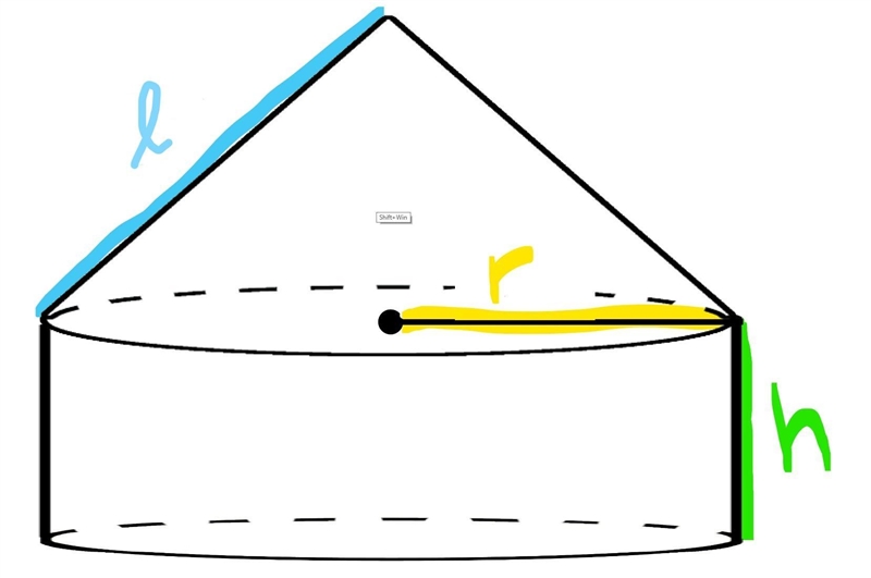 Find the total total surface area of the composite figure below with r=2.2 l=10.2 h-example-1