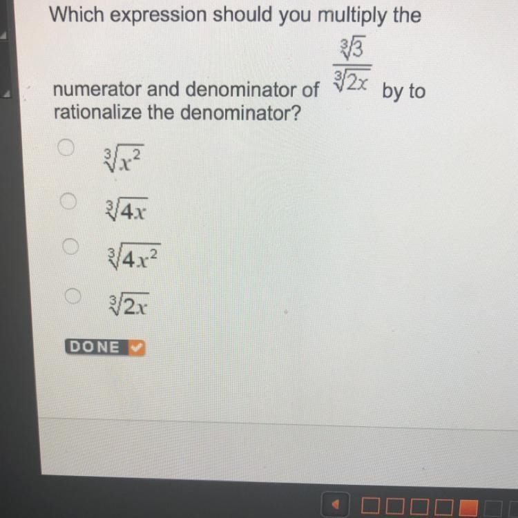 Which expression should you multiply the numerator and denominater of cubed 3 —————— cubed-example-1