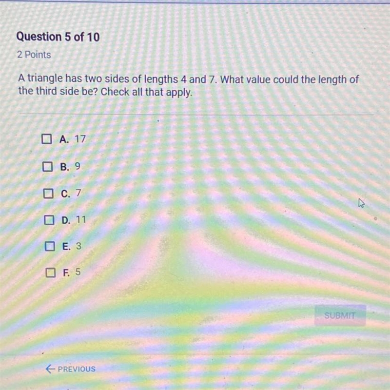 A triangle has two sides of lengths 4 and 7. What value could the length of the third-example-1