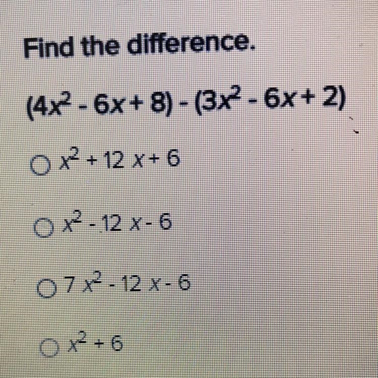 Find the difference. (4x2 - 6x+8) - (3x2 - 6x + 2)-example-1