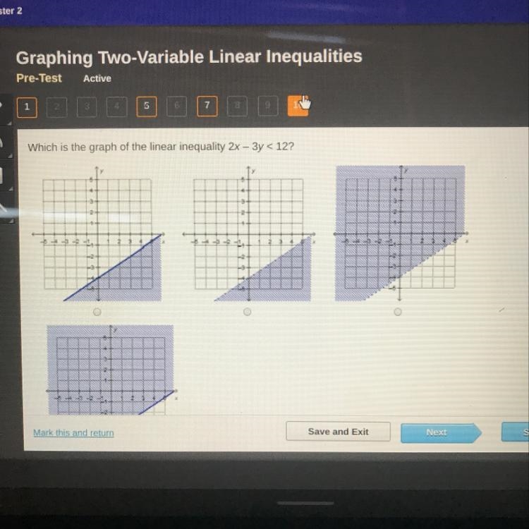 Which is the graph of the linear inequality 2x – 3y < 12? B-example-1