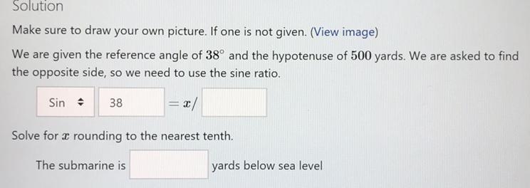 A boat has an angle of depression of 38° looking down to a submarine. The distance-example-1