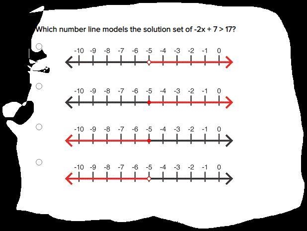 Which number line models the solution set of -2x + 7 > 17?-example-1