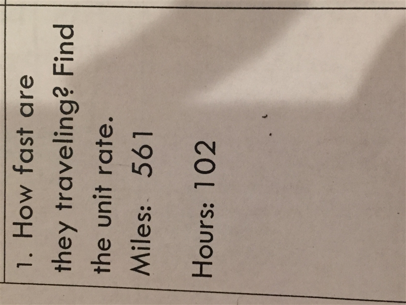 How fast are they traveling? Find the unit rate. Miles: 561 Hours: 102 Please help-example-1