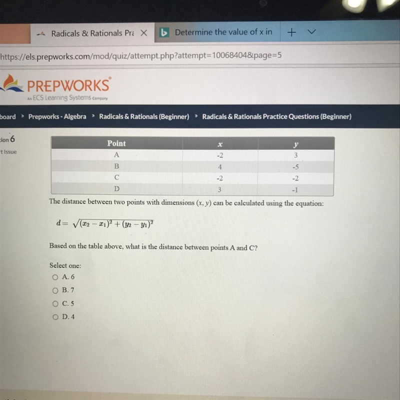 Based on the table above, what is the distance between points A and C?-example-1