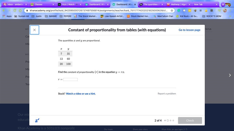 The quantities x and y are proportional. x y 7 35 12. 60 20 100-example-1