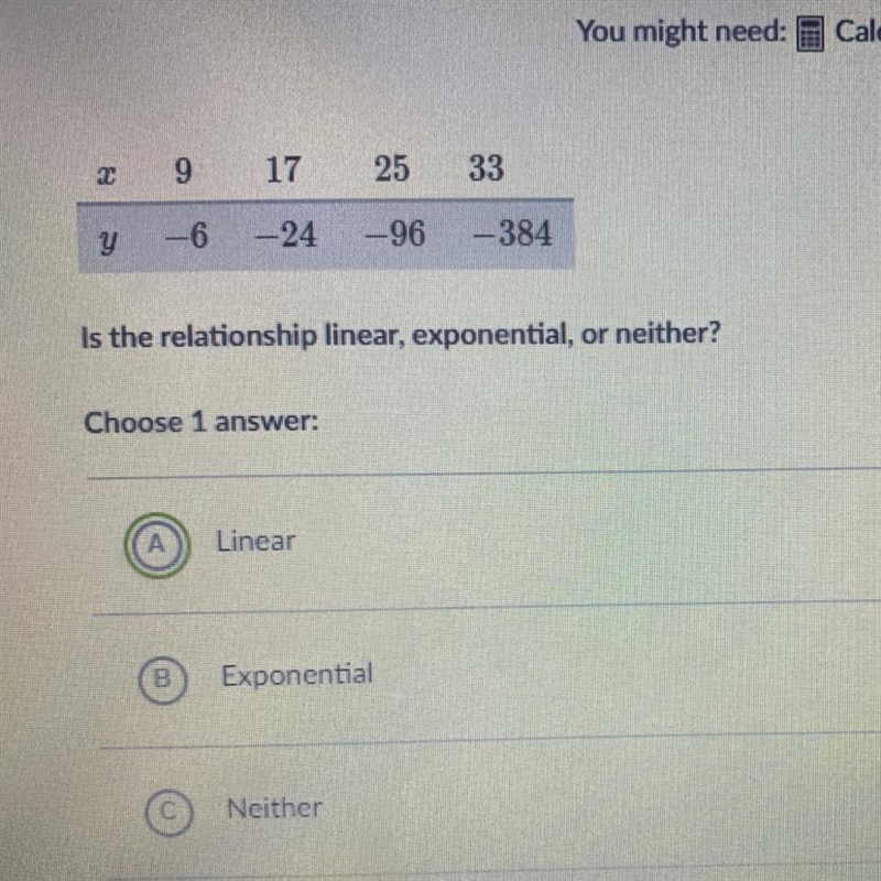 Is this relationship linear, exponential, or neither ?-example-1