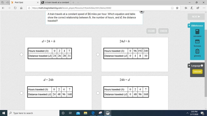 A train travels at a constant speed of 24 miles per hour. Which equation and table-example-1