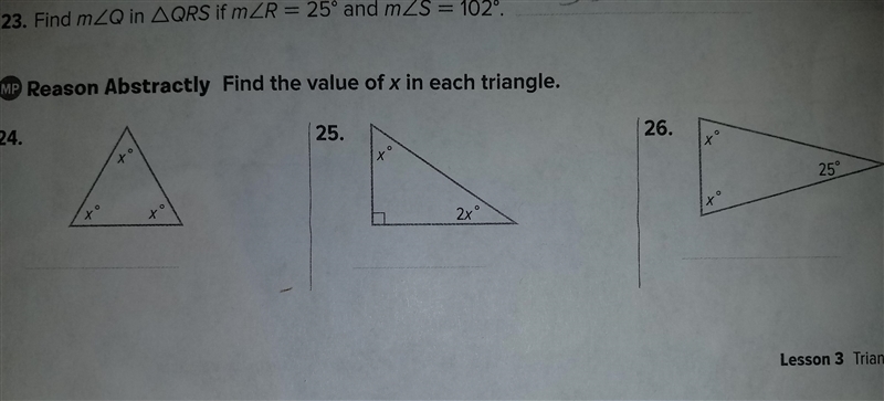 I am really confused on this. It says find the value of x in each triangle.-example-1