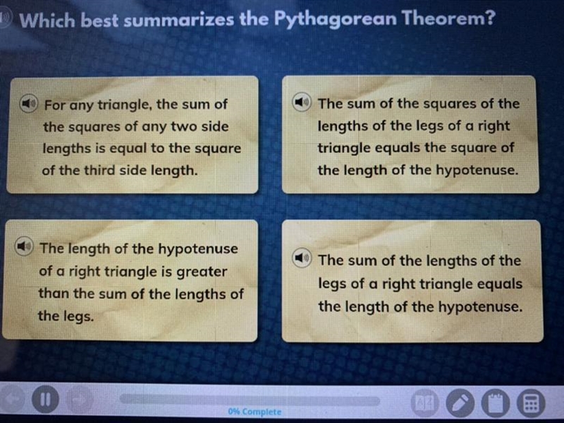 Which best summarizes the Pythagorean Theorem?-example-1