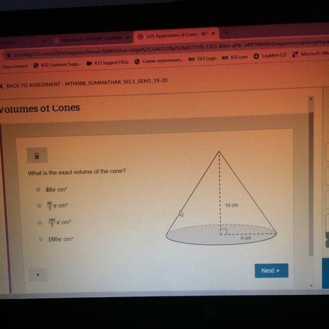 What is the volume of a cone with a radius of 4cm and a high of 10cm? As a favor can-example-1