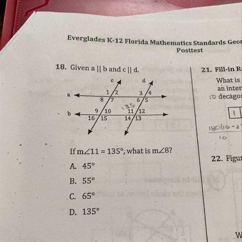 18. Given a || b and c || d. If mZ11 = 135º, what is mZ8? A. 45° B. 55° .C. 65° D-example-1