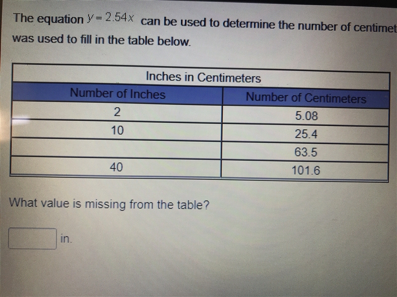 PLEASE HELP ASAP The equation y=2.54x can be used to determine the number of centimeters-example-1