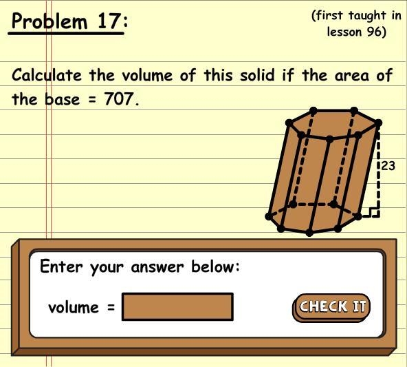 Calculate the volume of this solid if the area of this base=707-example-1