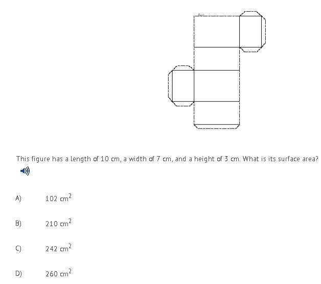 This figure has a length of 10 cm, a width of 7 cm, and a height of 3 cm. What is-example-1