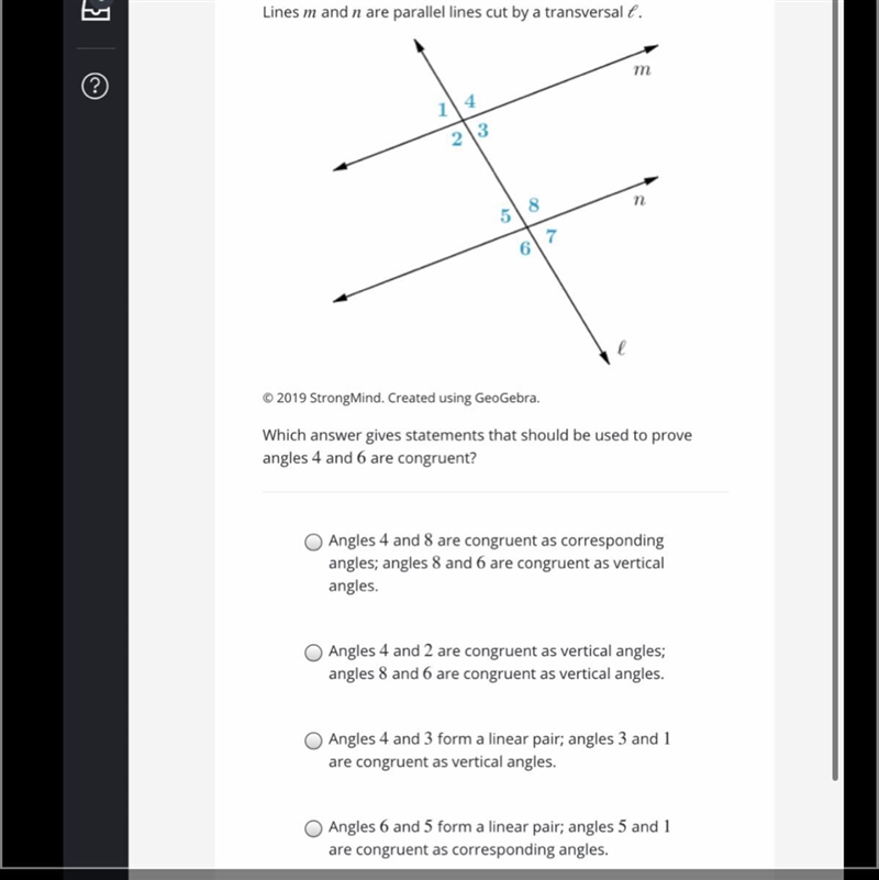 Which answer gives statements that should be used to prove angles 4 and 6 are congruent-example-1