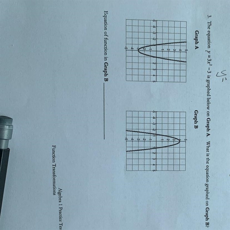 The equation y=3x2-3 is graphed below on Graph A what is the equation graphed on graph-example-1