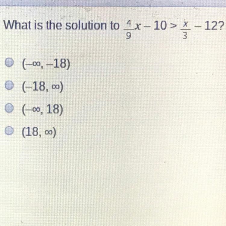 What is the solution to 4/9x-10>x/3-12?-example-1