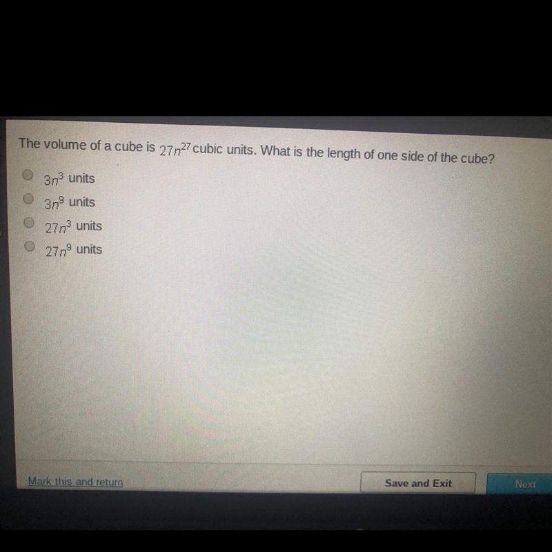 The volume of a cube is 27n27 cubic units-example-1