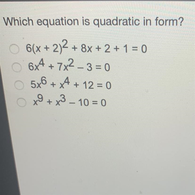 Which equation is quadratic in form-example-1