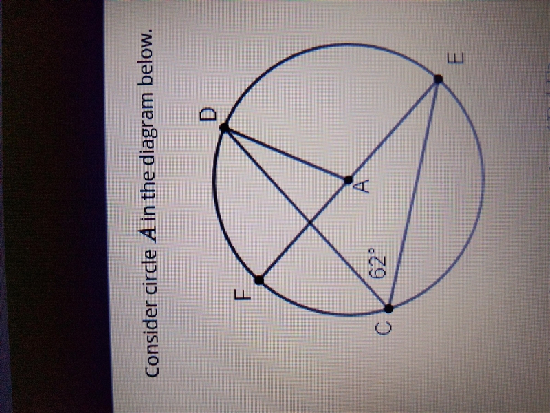 Consider circle A in the diagram below What is the measure of m A 62° B 124° C 31° D-example-1