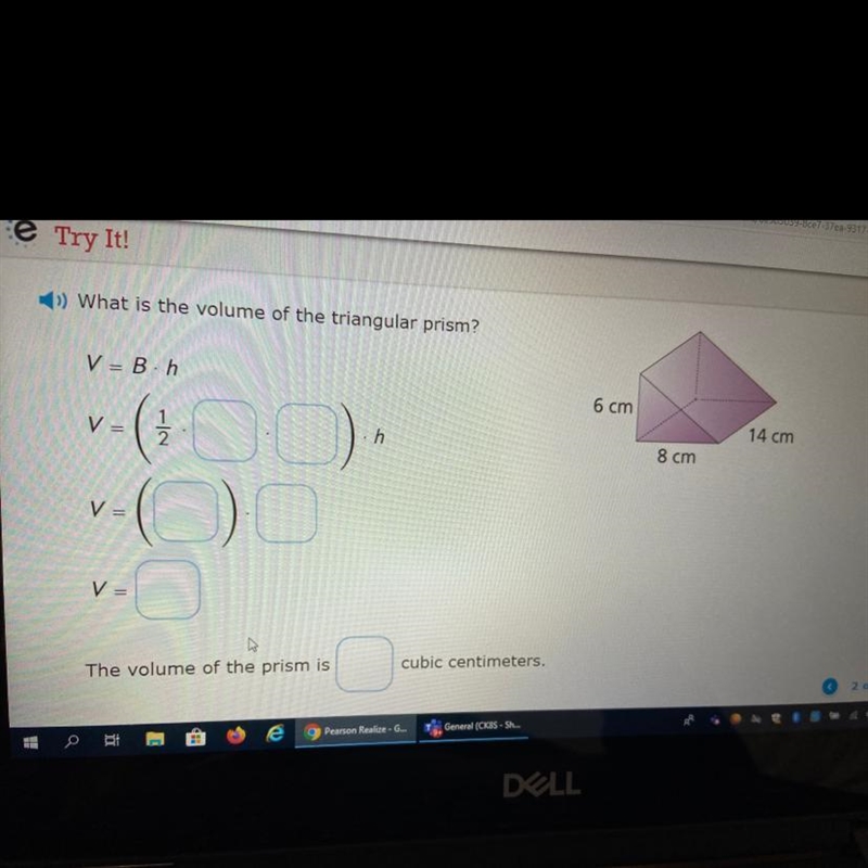 What is the volume of the triangular prism and help me fill it in-example-1