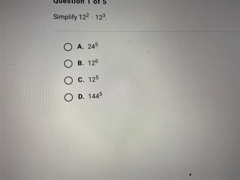 Simplify 12 to the 2nd power times 12 to the 3rd power-example-1