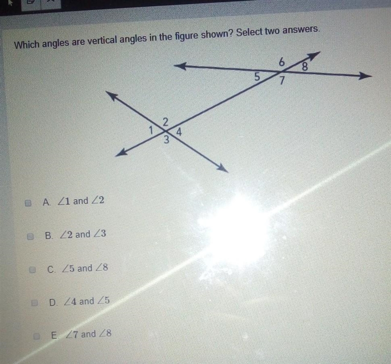 Which angles are vertical angles in the figure shown? Select two answers. XN A 21 and-example-1