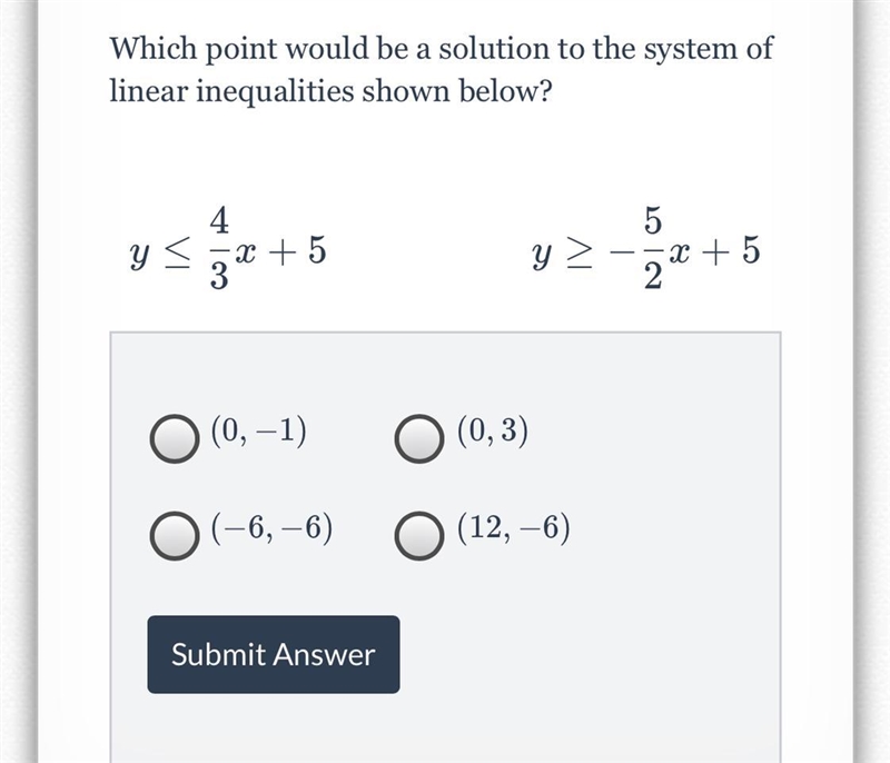 Which point would be a solution to the system of linear inequalities ?-example-1