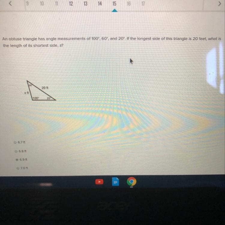 An obtuse triangle has angle measurements of 100°, 60°, and 20°. If the longest side-example-1