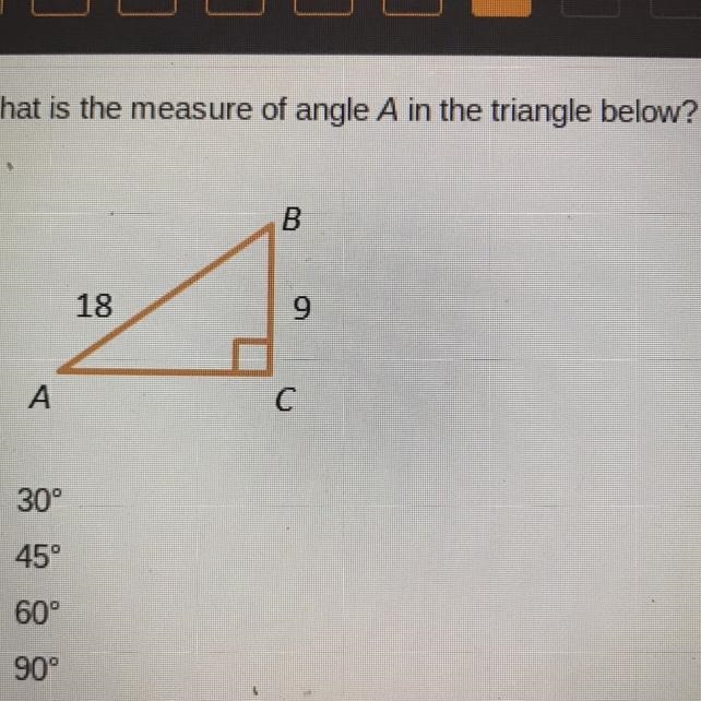 What is the measure of angle A in the triangle below? PLEASE HELP ITS TIMED:(-example-1