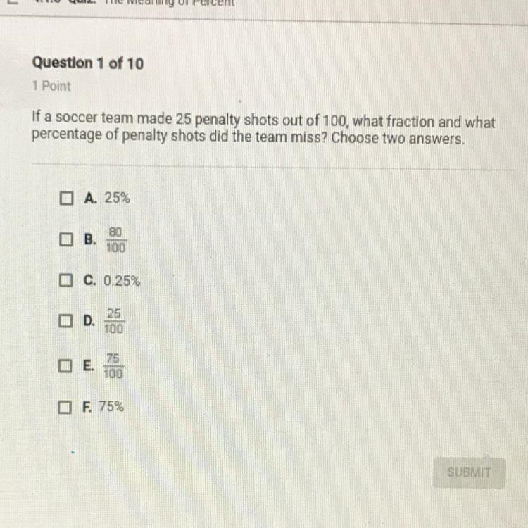 If a soccer team made 25 penalty shots out of 100 what fraction and what percentage-example-1